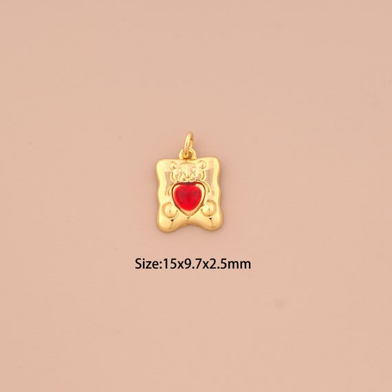 18K Gold Bear Pendant,Enamel Heart Charm,Bear Charm, DIY Jewelry Supplies