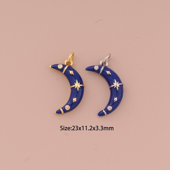 18K Gold Moon Charms,CZ Pave Minimalist Charms Pendants,Enamel Star Charm for DIY Jewelry Making Supply