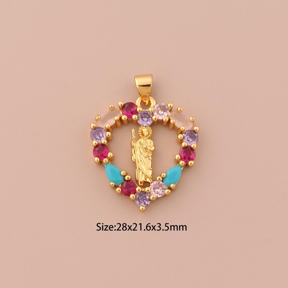 18K Gold St.Juda Charms,CZ Pave Heart Charms Pendants,Saint Jude Charm for DIY Jewelry Making Supply