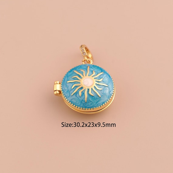 18K Gold Sun Charms,Photo Frame Charms Pendants,Enamel Sunburst Charm for DIY Jewelry Making Supply
