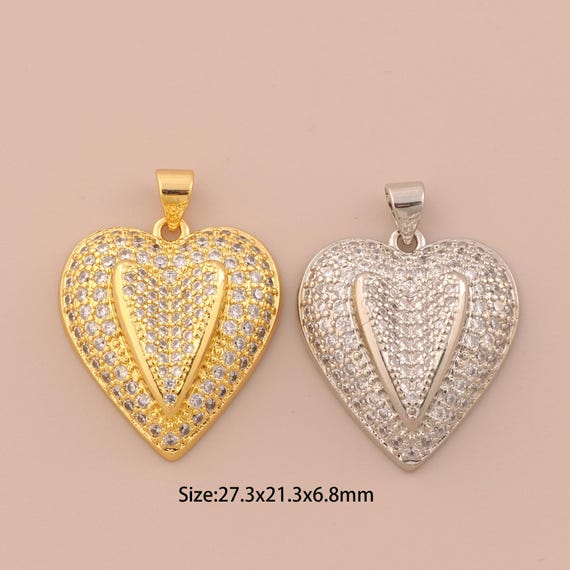 18K Gold Heart Charms,CZ Pave Heart Charms Pendants,Heart Charm for DIY Jewelry Making Supply