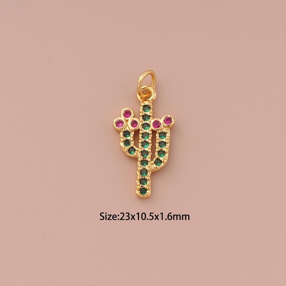 18K Gold Cactus Charms,CZ Pave Minimalist Charms Pendants,Cactus Charm for DIY Jewelry Making Supply