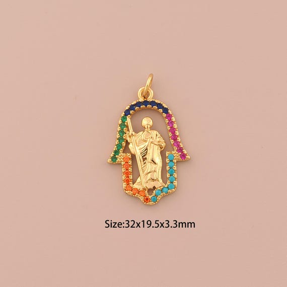 18K Gold St.Juda Charms,CZ Pave Hamsa Charms Pendants,Saint Jude Charm for DIY Jewelry Making Supply
