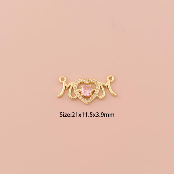 18K Gold Heart Charms,CZ Pave Minimalist Charms Pendants,MOM Charm for DIY Jewelry Making Supply