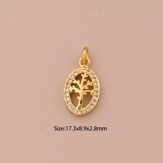 18K Gold Tree of Life Charms,CZ Pave Tree Charms Pendants,Oval Charm for DIY Jewelry Making Supply