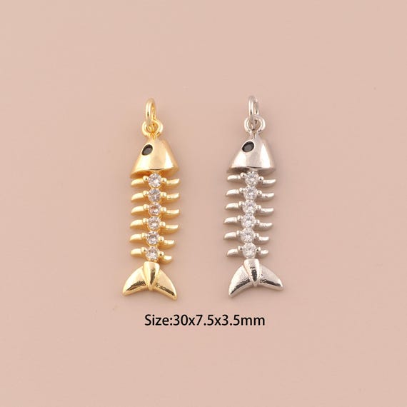 18K Gold Filled Fish Bone Pendant,Dainty Fish Bone Charm Earrings Necklace for DIY Jewelry Making Supply