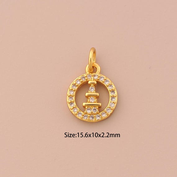 18K Gold Mini Eiffel Tower Charms,CZ Pave Round Charms Pendants,Eiffel Tower Charm for DIY Jewelry Making Supply