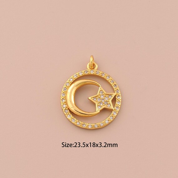 18K Gold Moon Charms,CZ Pave Star Charms Pendants,Round Charm for DIY Jewelry Making Supply