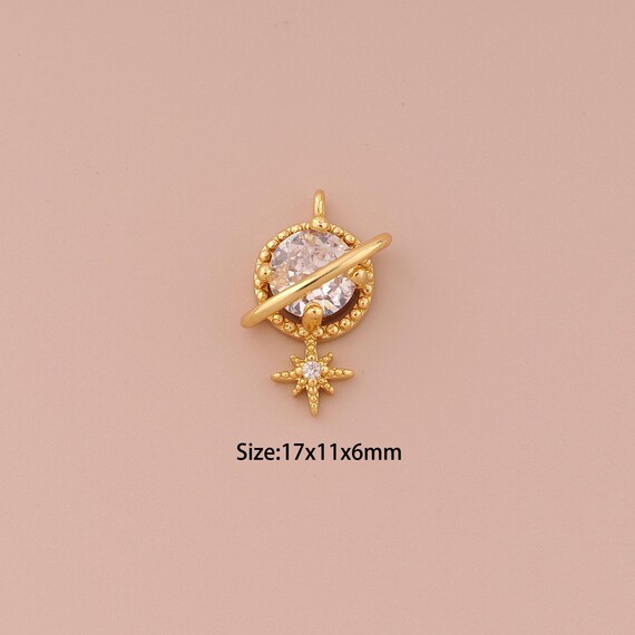 18K Gold Saturn Charms,CZ Pave Minimalist Charms Pendants,Star Charm for DIY Jewelry Making Supply