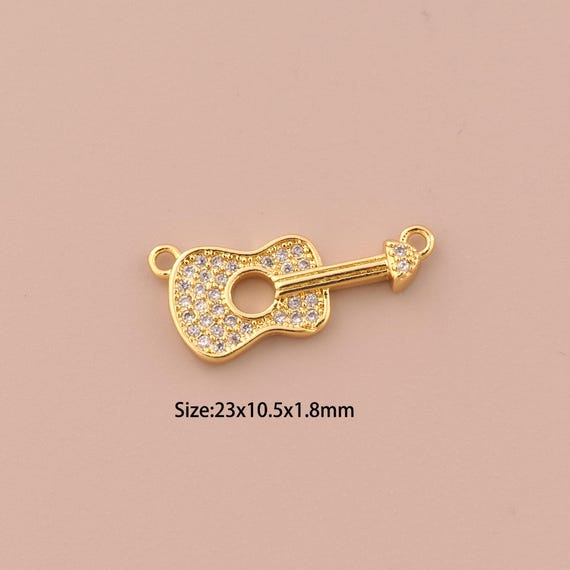 18K Gold Guitar Charms,CZ Pave Guitar Charms Pendants,Guitar Charm for DIY Jewelry Making Supply