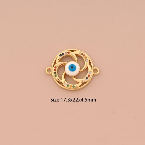 18K Gold Evil Eye Connector,Enamel Devil Eye Connector Charms,CZ Round Connector for DIY Jewelry Making Supply