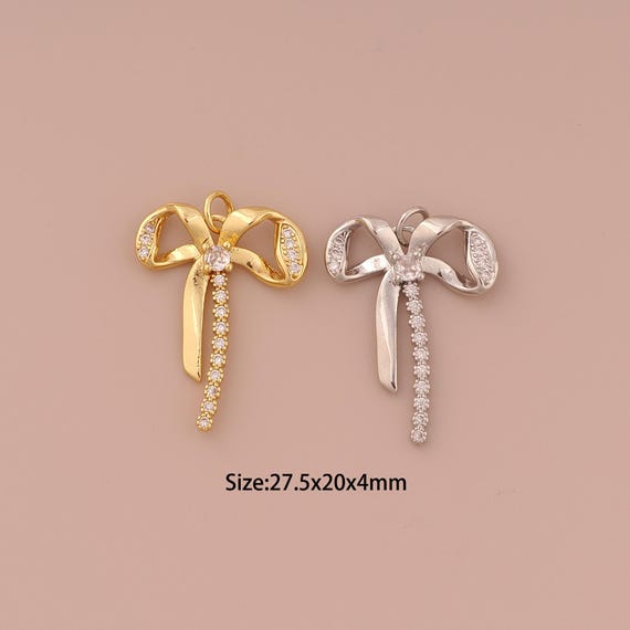 18K Gold Bow Charms,CZ Pave Minimalist Charms Pendants,Bow Charm for DIY Jewelry Making Supply