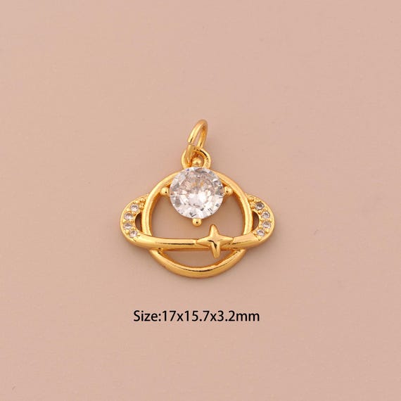 18K Gold Saturn Charms,CZ Pave Celestial Charms Pendants,Star Charm for DIY Jewelry Making Supply