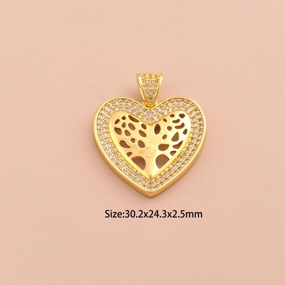 18K Gold Heart Charms,CZ Pave Tree of Life Charms Pendants,Tree Charm for DIY Jewelry Making Supply