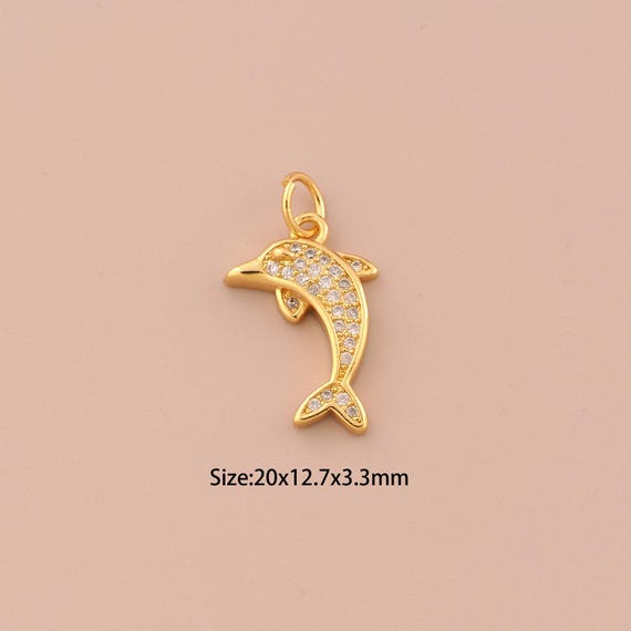 18K Gold Dolphin Charms,CZ Pave Marine Life Charms Pendants,Dolphin Charm for DIY Jewelry Making Supply