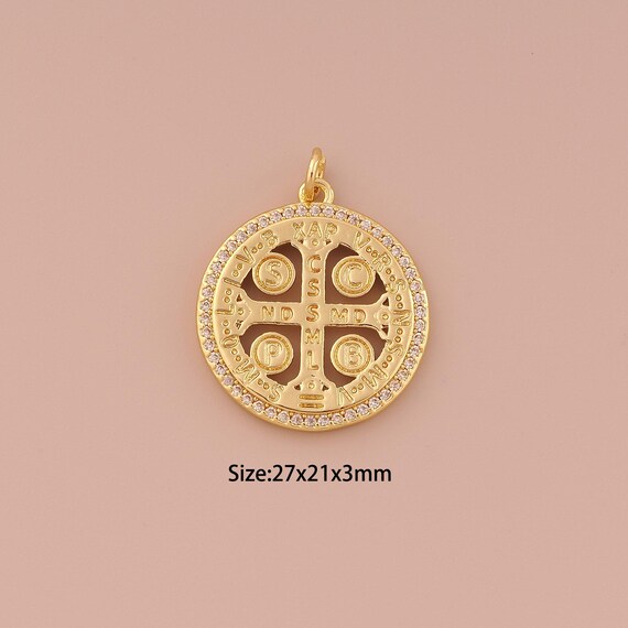 18K Gold Saint Benedict Charms,CZ Pave Minimalist Charms Pendants,CSSML Charm for DIY Jewelry Making Supply