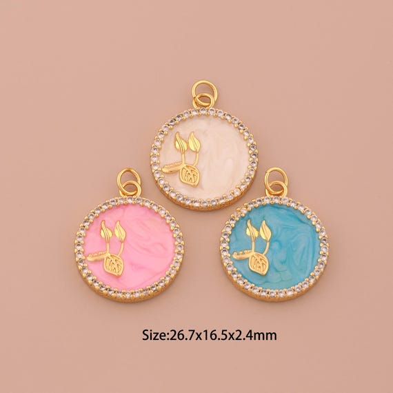 18K Gold Leaf Charms,CZ Pave Round Charms Pendants,Enamel Medal Charm for DIY Jewelry Making Supply