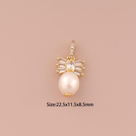 18K Gold Bow Charms,CZ Pave Minimalist Charms Pendants,Pearl Charm for DIY Jewelry Making Supply