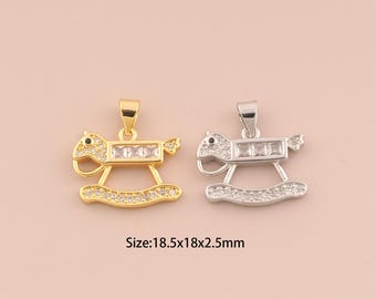 Dijes de caballo balancín de oro de 18 quilates, colgantes de dijes de caballo balancín con pavé de circonita cúbica, dije de caballo balancín para fabricación de joyas DIY