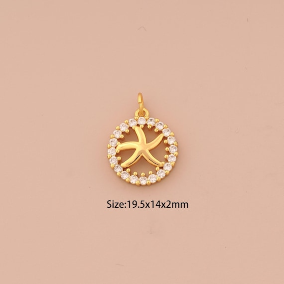 18K Gold Starfish Charms,CZ Pave Round Charms Pendants,Starfish Charm for DIY Jewelry Making Supply