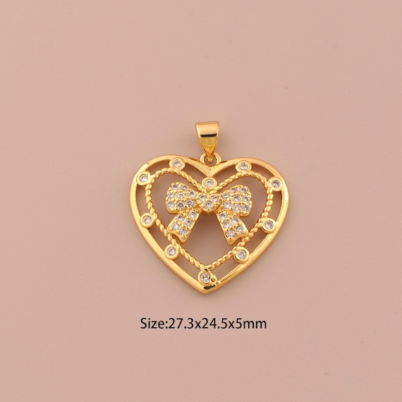 18K Gold Heart Charms,CZ Pave Bow Charms Pendants,Bow Charm for DIY Jewelry Making Supply