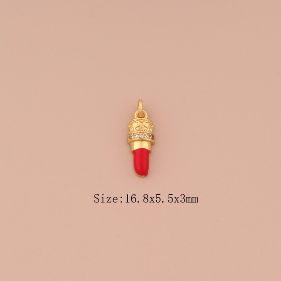 18K Gold Lipstick Charms,CZ Pave Lipstick Charms Pendants,Enamel Lipstick Charm for DIY Jewelry Making Supply