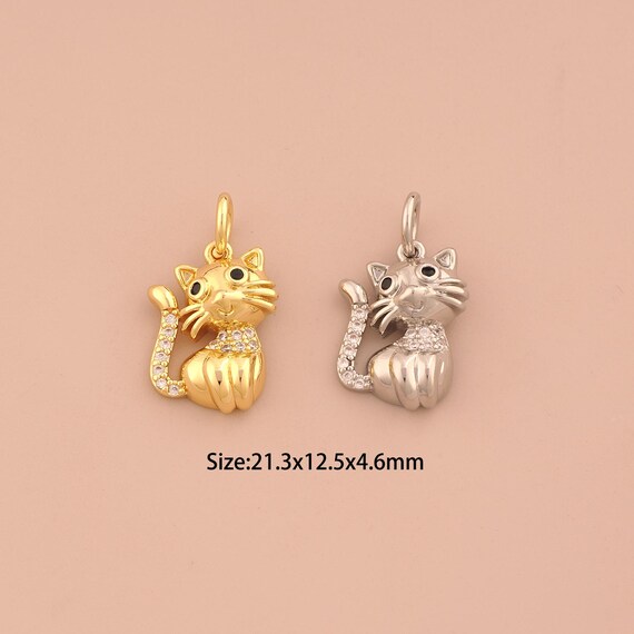 18K Gold Cat Charms,CZ Pave Animal Charms Pendants,Cat Charm for DIY Jewelry Making Supply
