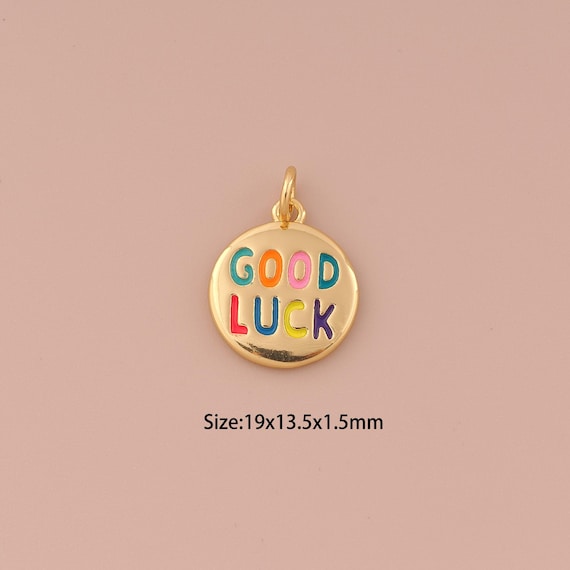 18K Gold GOOD LUCK Charms,Enamel Minimalist Charms Pendants,Round Charm for DIY Jewelry Making Supply