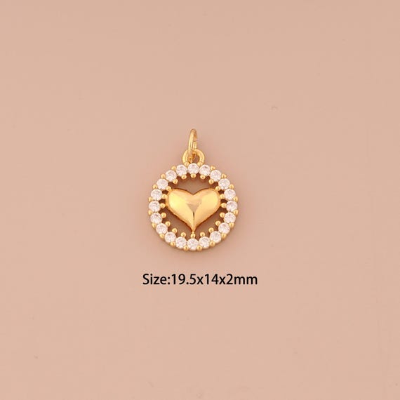 18K Gold Heart Charms,CZ Pave Love Charms Pendants,Round Charm for DIY Jewelry Making Supply