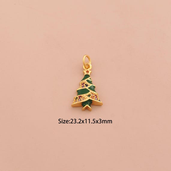 18K Gold Christmas Tree Charms,CZ Pave Christmas Charms Pendants,Enamel Tree Charm for DIY Jewelry Making Supply