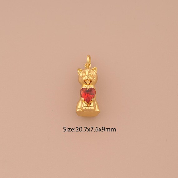 18K Gold Cute Cat Charms,CZ Pave Heart Charms Pendants,Animal Charm for DIY Jewelry Making Supply