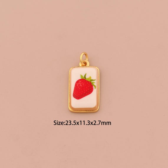 18K Gold Strawberry Charms,Enamel Fruit Charms Pendants,Square Charm for DIY Jewelry Making Supply