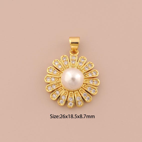 18K Gold Sunflower Charms,CZ Pave Plant Charms Pendants,Sunflower Charm for DIY Jewelry Making Supply