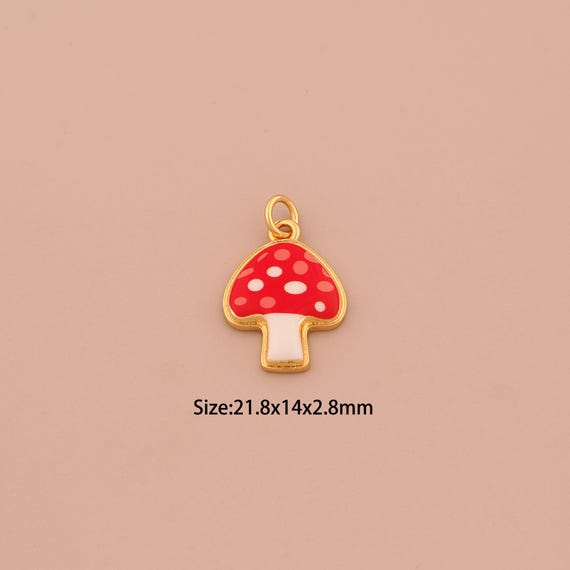 18K Gold Mushroom Charms,Enamel Mushroom Charms Pendants,Mushroom Charm for DIY Jewelry Making Supply