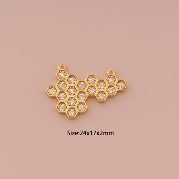 18K Gold Honeycomb Charms,CZ Pave Minimalist Charms Pendants,Honeycomb Charm for DIY Jewelry Making Supply