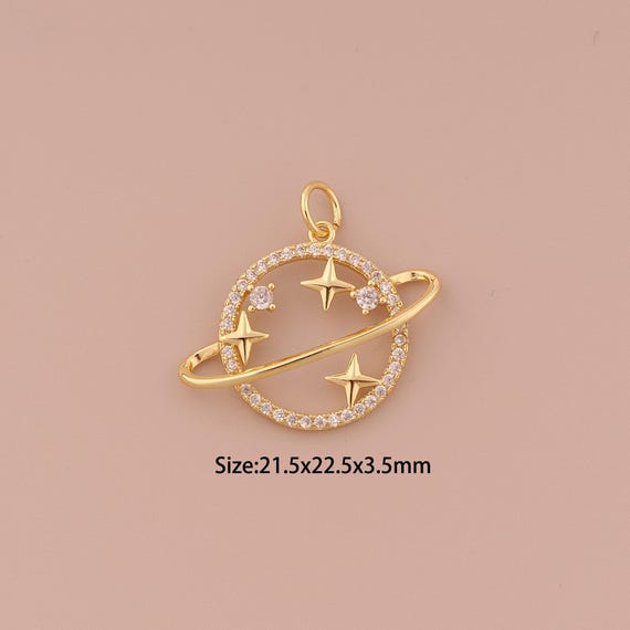 18K Gold Saturn Charms,CZ Pave Minimalist Charms Pendants,Star Charm for DIY Jewelry Making Supply