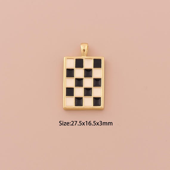 18K Gold Chessboard Charms,Enamel Minimalist Charms Pendants,Chessboard Charm for DIY Jewelry Making Supply