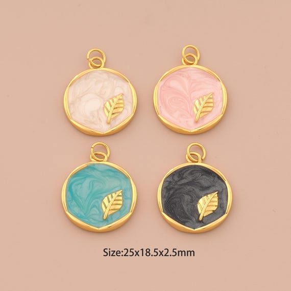 18K Gold Leaf Charms,Round Charms Pendants,Enamel Leaf Charm for DIY Jewelry Making Supply