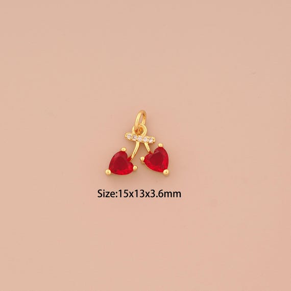 18K Gold Cherry Charms,CZ Pave Fruit Charms Pendants,Heart Charm for DIY Jewelry Making Supply