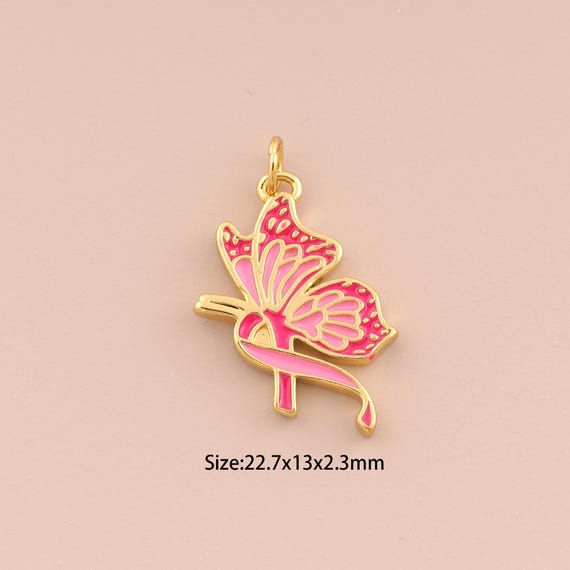 18K Gold Butterfly Charm Ribbon Pendant,Cancer Awareness Charm Bracelet Necklace for DIY Jewelry Making Supply