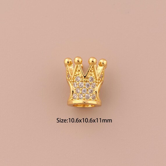 18K Gold Crown Spacer Bead,CZ Pave Large Hole Bead,Crown Bead for DIY Jewelry Making Supply