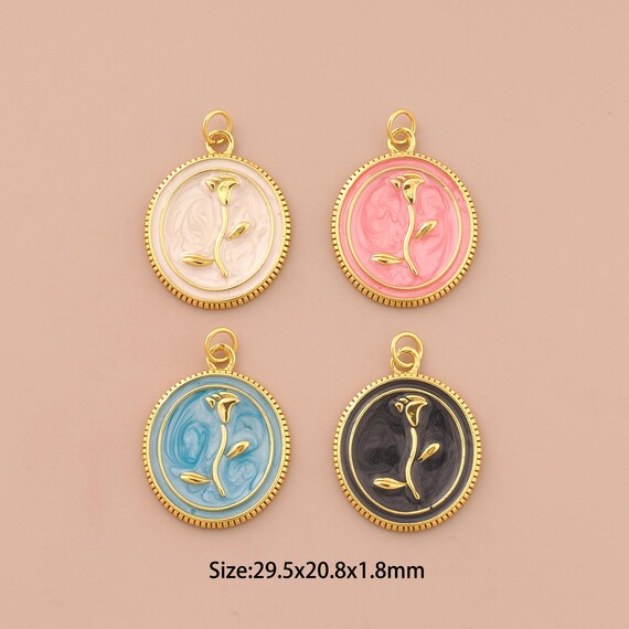 18K Gold Rose Charms,Enamel Flower Charms Pendants,Round Charm for DIY Jewelry Making Supply