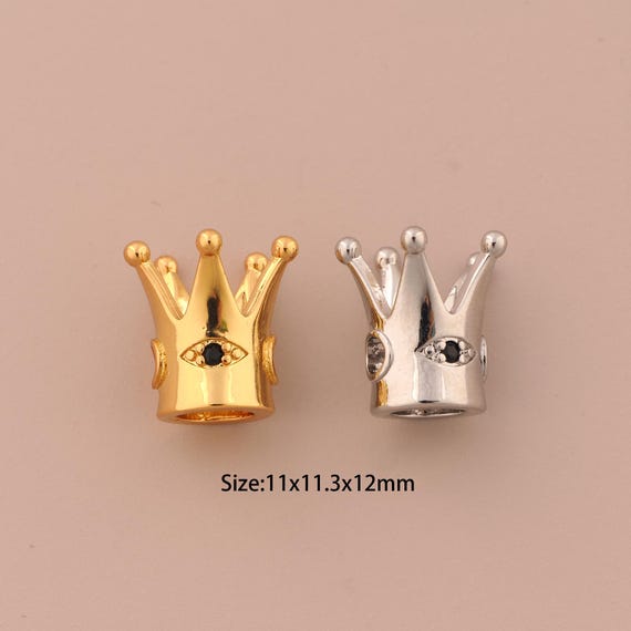 18K Gold Crown Spacer Bead,CZ Pave Evil Eye Bead,Large Hole Bead for DIY Jewelry Making Supply