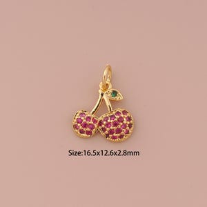 18K Gold Cherry Charms,CZ Pave Minimalist Charms Pendants,Fruit Charm for DIY Jewelry Making Supply