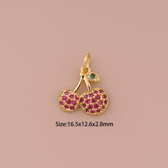 18K Gold Cherry Charms,CZ Pave Minimalist Charms Pendants,Fruit Charm for DIY Jewelry Making Supply