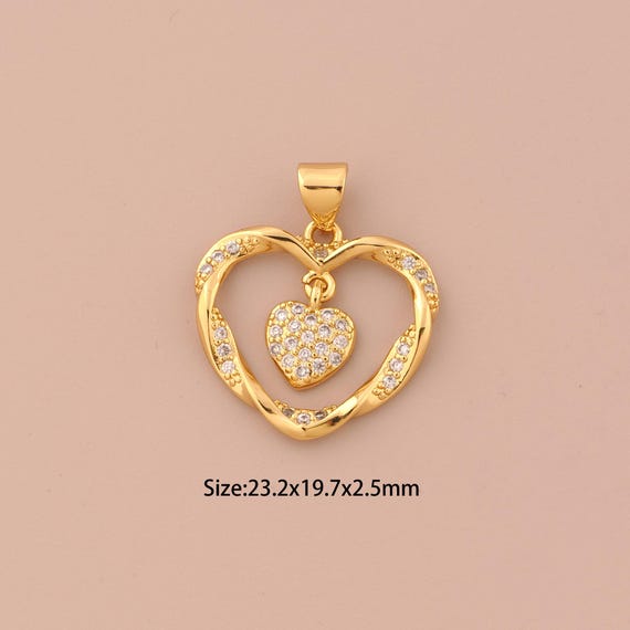 18K Gold Heart Charms,CZ Pave Heart Charms Pendants,Heart Charm for DIY Jewelry Making Supply
