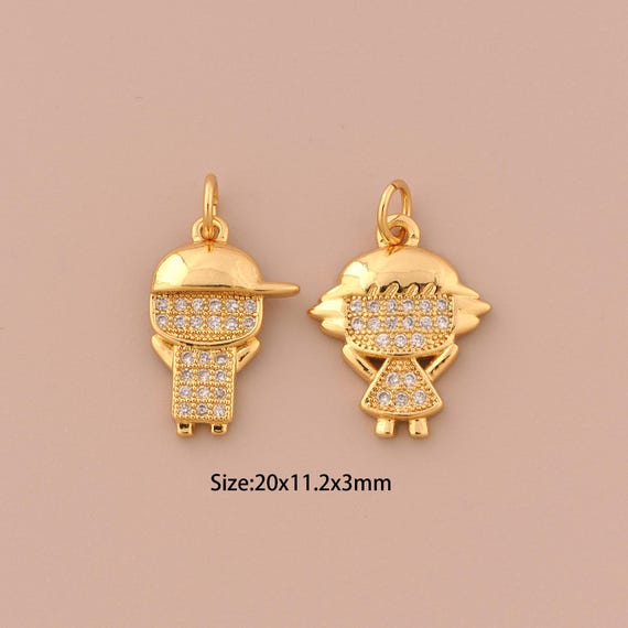 18K Gold Character Charms,CZ Pave Girl Charms Pendants,Boy Charm for DIY Jewelry Making Supply