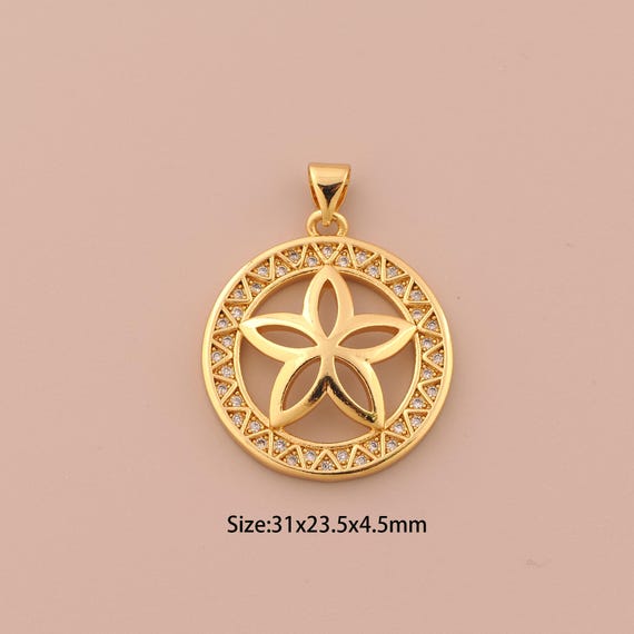 18K Gold Flower Charms,CZ Pave Round Charms Pendants,Flower Charm for DIY Jewelry Making Supply
