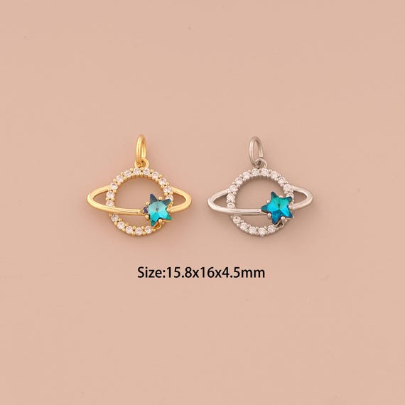 18K Gold Saturn Charms,CZ Pave Universe Planet Charms Pendants,Star Charm for DIY Jewelry Making Supply
