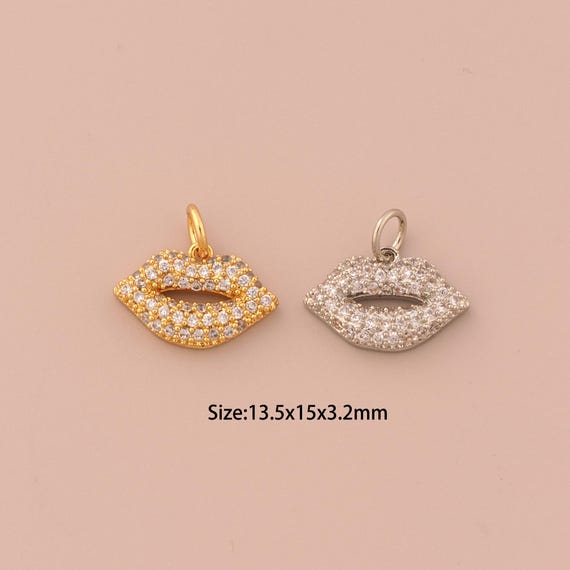 18K Gold Lips Charms,CZ Pave Minimalist Charms Pendants,Lips Charm for DIY Jewelry Making Supply